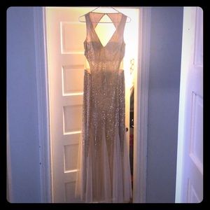 Champagne colored sequined gown with tulle!